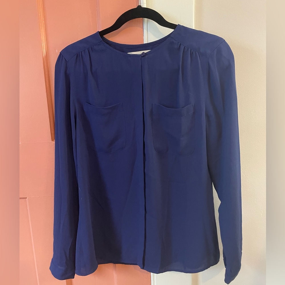 Long-sleeve, button down, round-neck blouse, size M